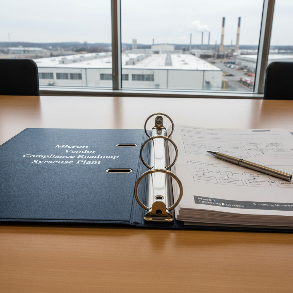A detailed close-up of a dark-blue technical binder stamped with “Micron Vendor Compliance Roadmap – Syracuse Plant” in silver lettering, lying open on a smooth light-wood conference table. Inside, tabbed sections and neatly printed flowcharts are visible, with a silver metal pen placed precisely along the margin. In the softly blurred background, a large window reveals an industrial skyline with low-slung factory roofs and distant smokestacks under an overcast Central New York sky. Neutral, diffused daylight fills the room, creating gentle reflections on the pen and binder ring hardware. Photographic realism, shot from a slightly elevated angle with shallow depth of field, gives a calm, methodical, and strategic mood.